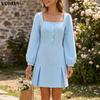 Women Square Neck Puff Long Sleeve Slim Waist Casual Solid Color Mini Dresses