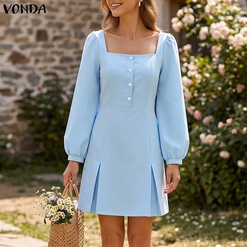 VONDA Women Square Neck Puff Long Sleeve Slim Waist Casual Solid Color Mini Dresses