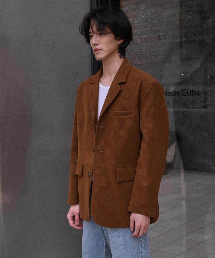 Mood Inside Suede Leather Three-Button Blazer_Brown