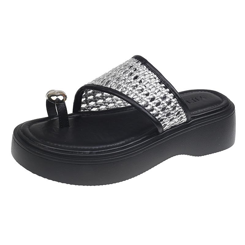 Breathable mesh with knitted slippers 2025 women's wear retro open-toed beach vacation cool slippers knitted mesh slippers