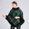 Womens Plaid Faux Rex Rabbit Fur Collar Cape Knit Sweater Coat Thick Warm Winter Hooded-Free Style