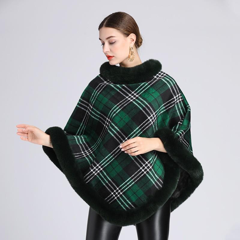 Womens Plaid Faux Rex Rabbit Fur Collar Cape Knit Sweater Coat Thick Warm Winter Hooded-Free Style
