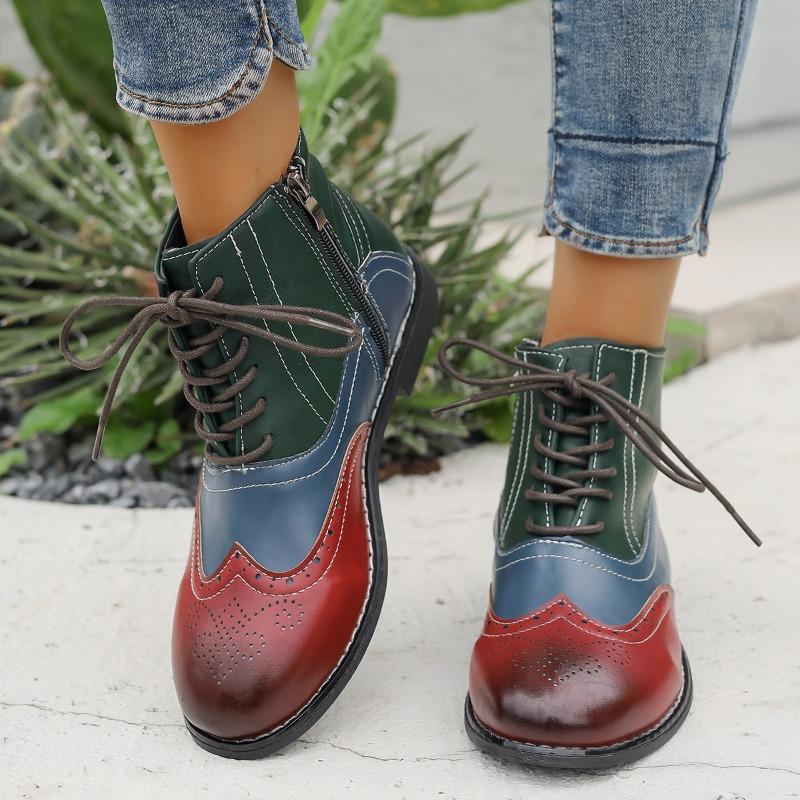 Multicolor Block Heel Single Boots Women's Round Toe Spliced Side Zip Front Lace-Up Soft Sole Non-Slip Shorthole Boots