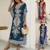 Women's V Neck Short Sleeve Maxi Dress Loose Fit Elastic Waist Bohemian Printed Beach Dress