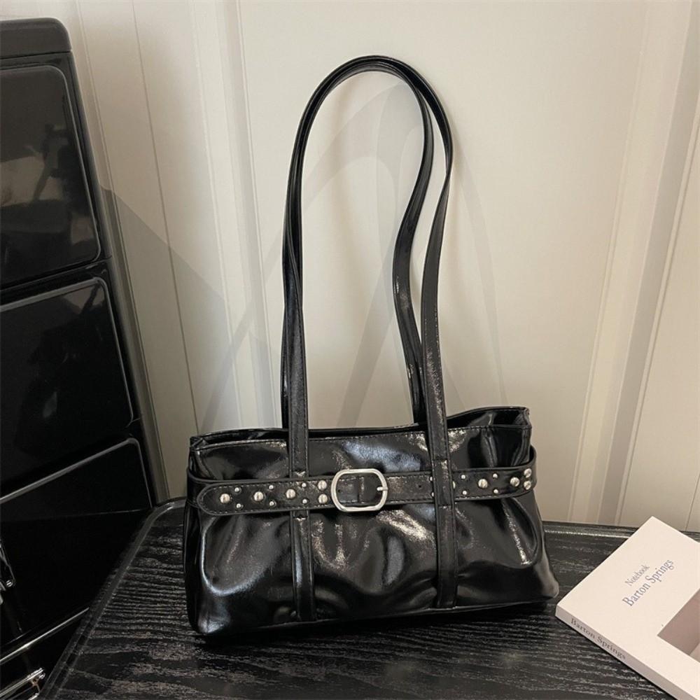 Rivet Belt Buckle Underarm Bag Large Capacity Tote Bag Trendy PU LeatherShoulder Bag Commute
