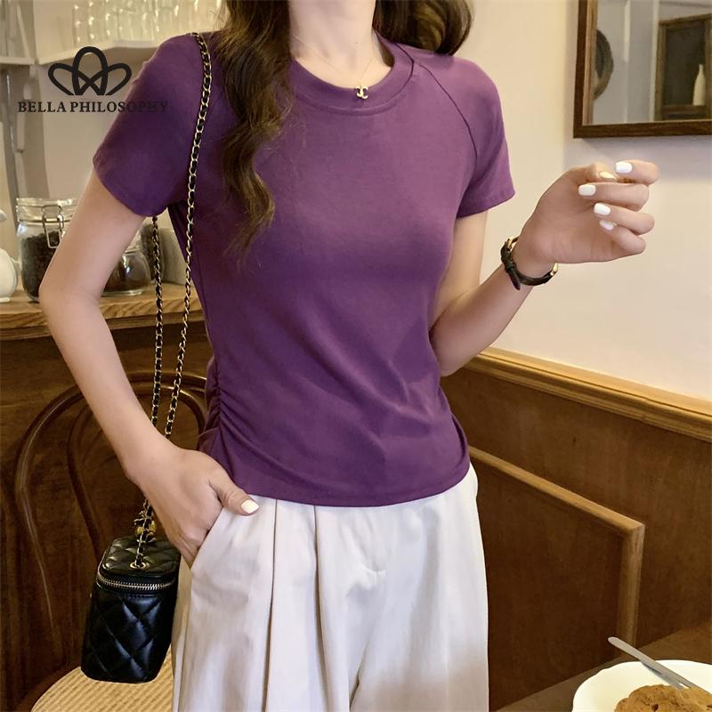 Femeie Tricou scurt Vară Spate scobit slim-fit talie plisată Top cu mâneci scurte pentru femei