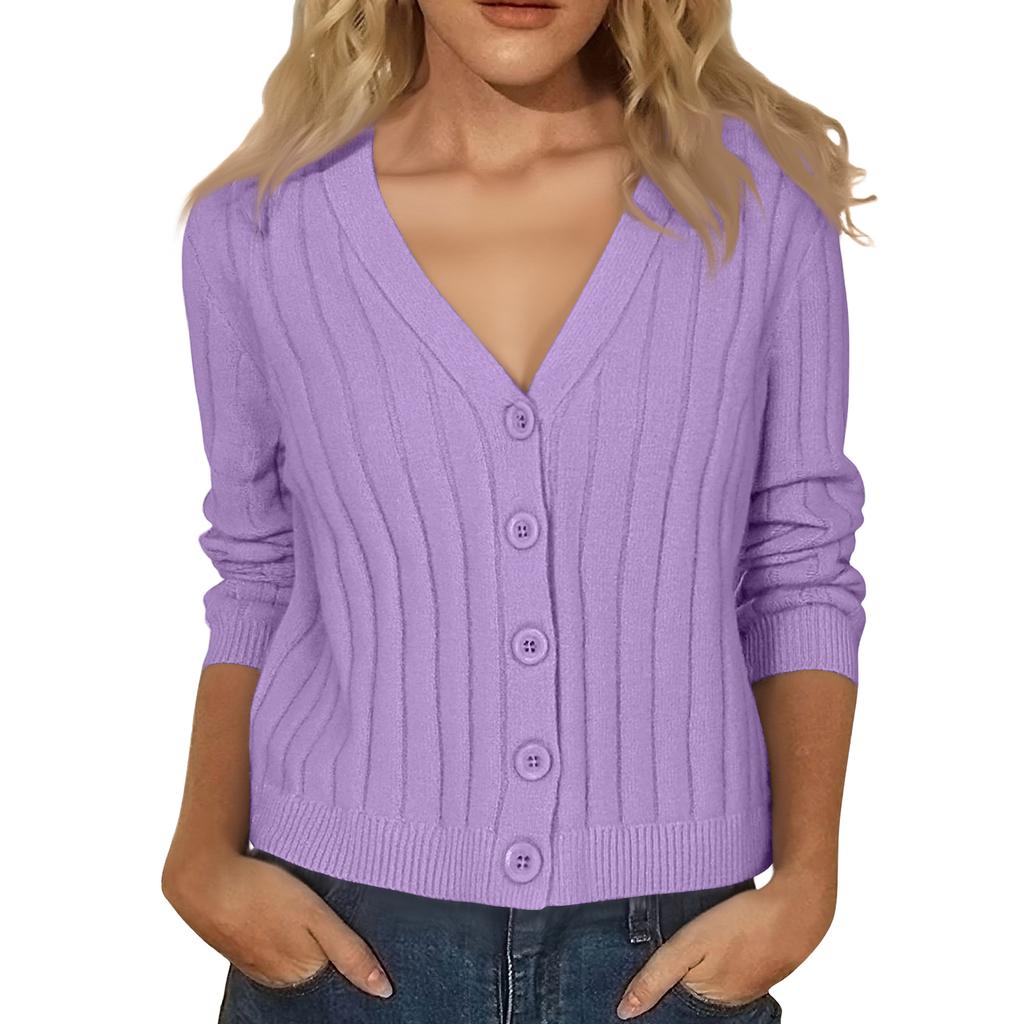 Women's Fashion Long-Sleeve V-Neck Lightweight Knit Sweater Solid Color Outerwear Top