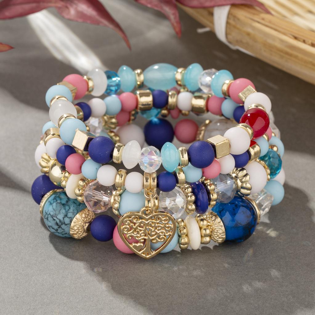Fashion Summer  Acrylic Beads Chain  New Bracelet Set For Women Tree Of Life Charm Elastic Bangle Female Bohemian Zircon