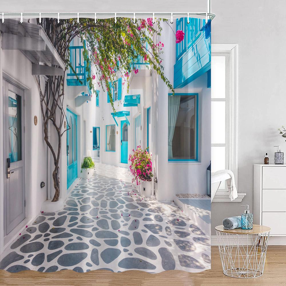 Greek Town Shower Curtain Greek Street View Sea View Blue Door Greece Scenery Bathroom Curtain Flower Plant Bath Decor with Hook