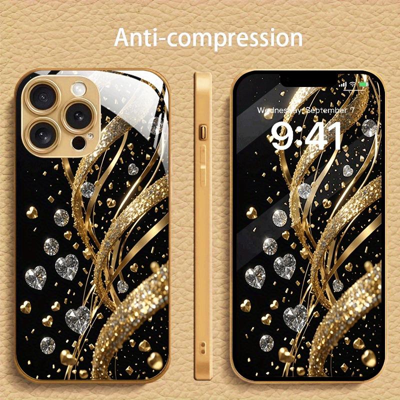 Goud Diamant Hartpatroon Gouden Metallic Verf Glazen Telefoonhoesje Voor iPhone 17 Pro Max 11 12 13 14 15 16 Plus 17 Air 16E Cover