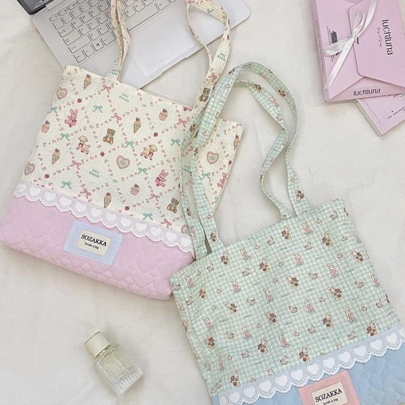 Cute Girl Print Splicing Bag New Tote Student Commuter Shoulder Bag Portable Canvas Bag