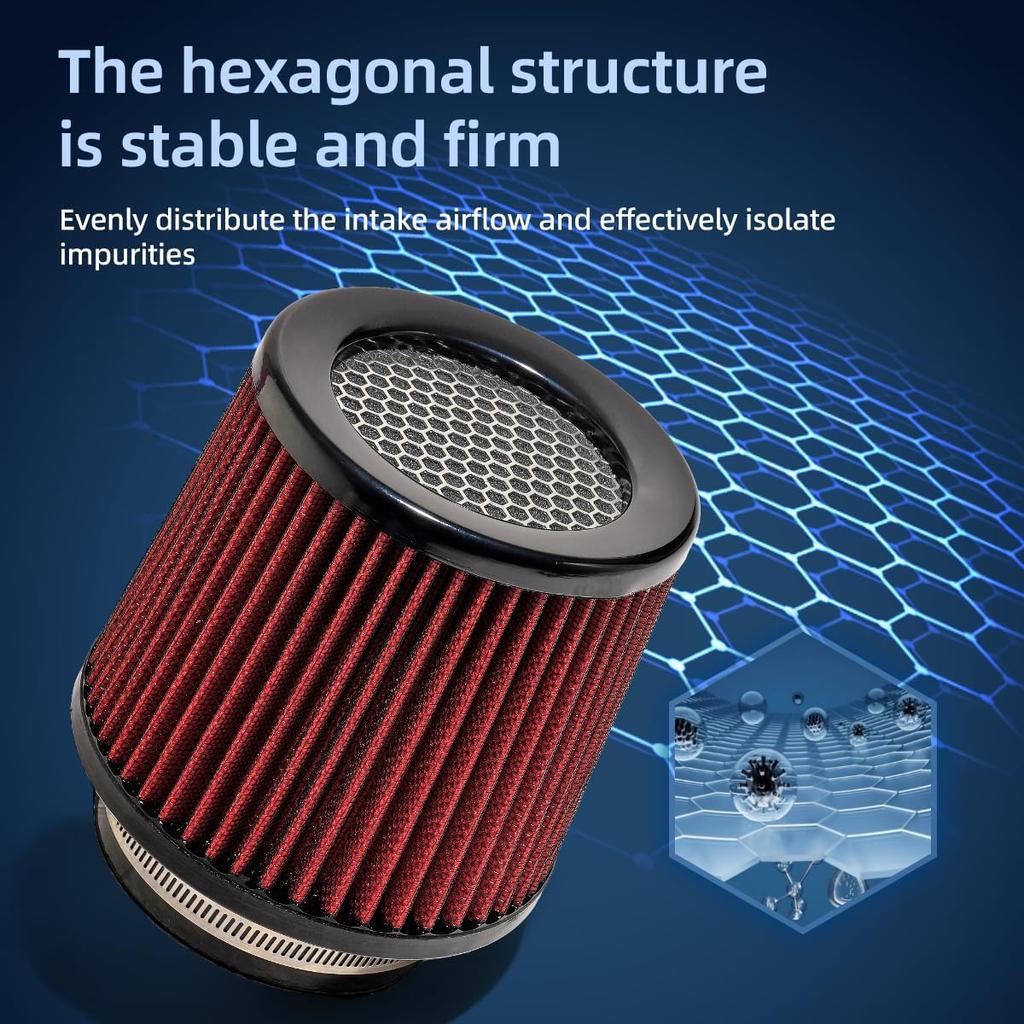 3" 3.5" 4" Inlet Car Replacement Cold Air Intake Filter 76Mm 89Mm 102Mm 3 Sizes In 1 High Flow Performance Cone Air Filter (Red)