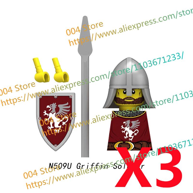 N511U-518U N335-337 Mittelalterliche Burg Ritter Bausteine Figuren Vierseitiger UV-Druck Waffen Zubehör Spielzeug Kindergeschenke F030