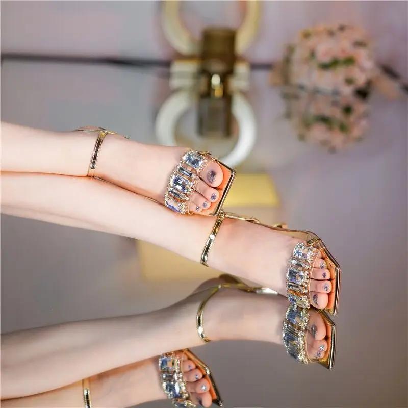 Fashion Sexy Open Toe Ladies Shoes Rhinestones Sandals for Women Silver Footwear High Heels One Word Summer 2024 with Strap Comfort F H