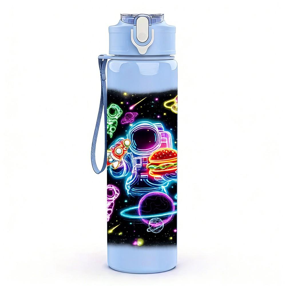 1PC Neon Glow Abstract Graffiti Print 750ml Color Plastic Sports Water Bottle Leakproof Flip Straw Lid Suitable for Sports Office Home Use