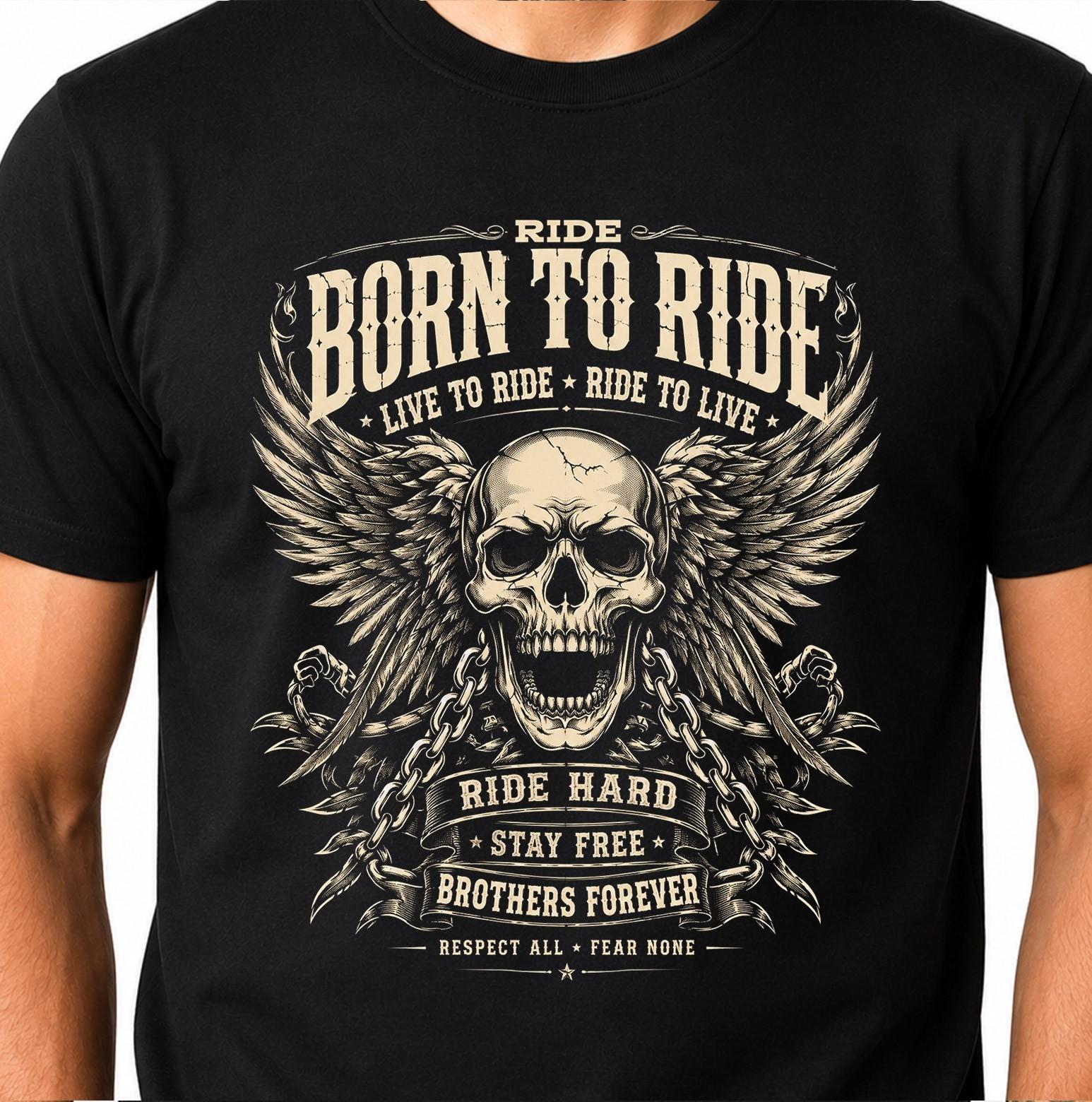 Skull Wings Born To Ride Graphic Biker Motorcycle Gothic Ride Hard Free Tee. XXXXL
