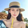 Flat Straw Hat Natural Straw Weaving Wide Brim Sun Hat Summer Beach Sun Protection Hat with Ribbon Bow