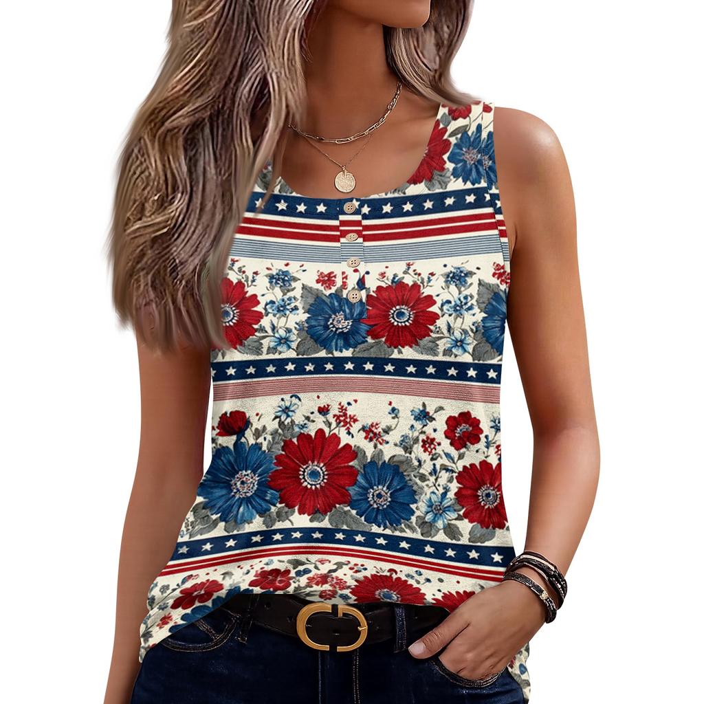 Débardeur sans manches col en U pour femme Imprimé floral Boutons sur le devant Gilet d'été décontracté Chemise Tissu léger respirant