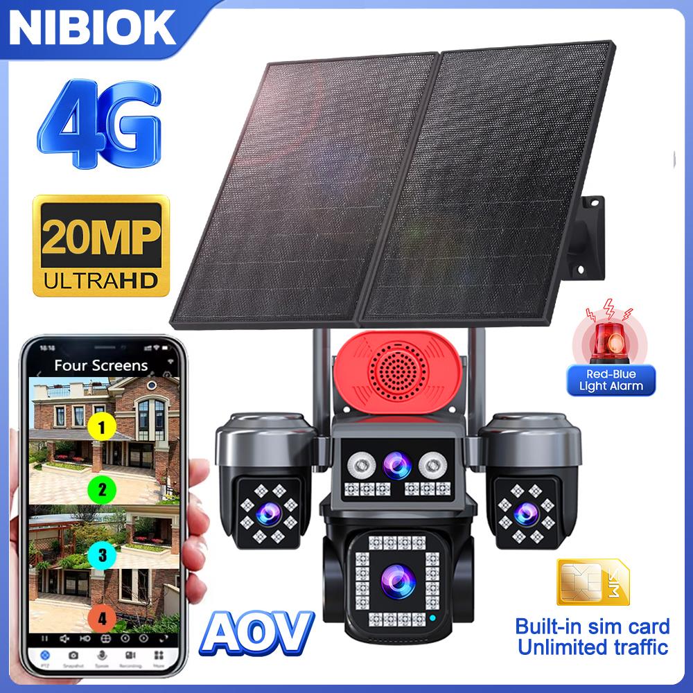 

NIBIOK Built-in SIM Card 4G Solar Camera 4-Lens 20MP 28000mAh Battery Night Vision IP CCTV IP66 Waterproof AOV Solar Camera camera
