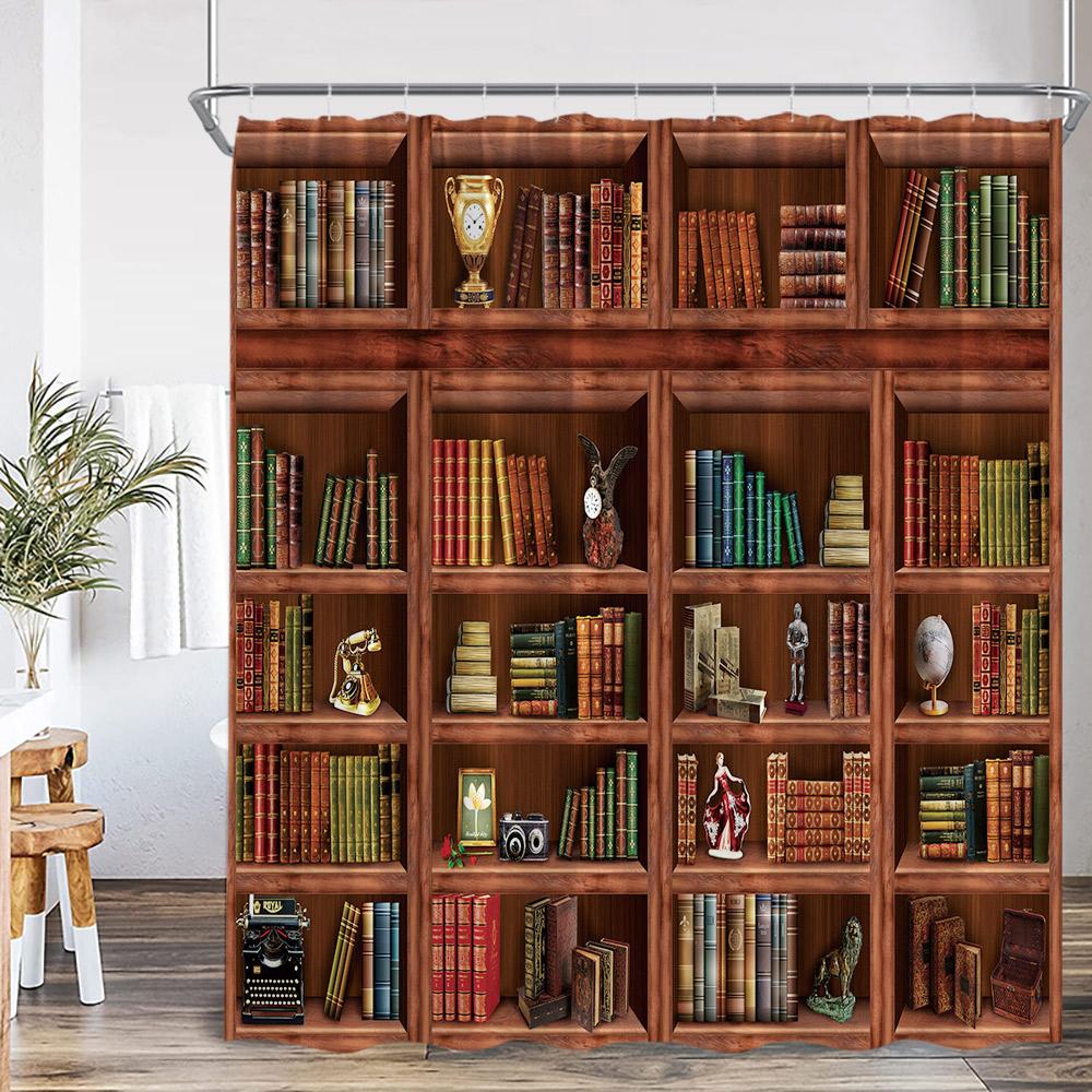 Vintage-Bücherregal-Duschvorhang, Bücherregal, Bücher, Retro-Arbeitszimmer, Badezimmerdekor, Zaubererzimmer, Polyester-Badewannenvorhang