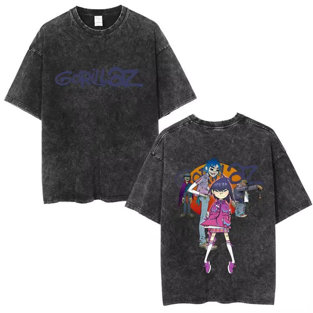 Washed Vintage Rock Band Gorillaz Graphic Tshirts Men Women CasualOversized Short Sleeve T Shirts Mens Retro Gothic Streetwear