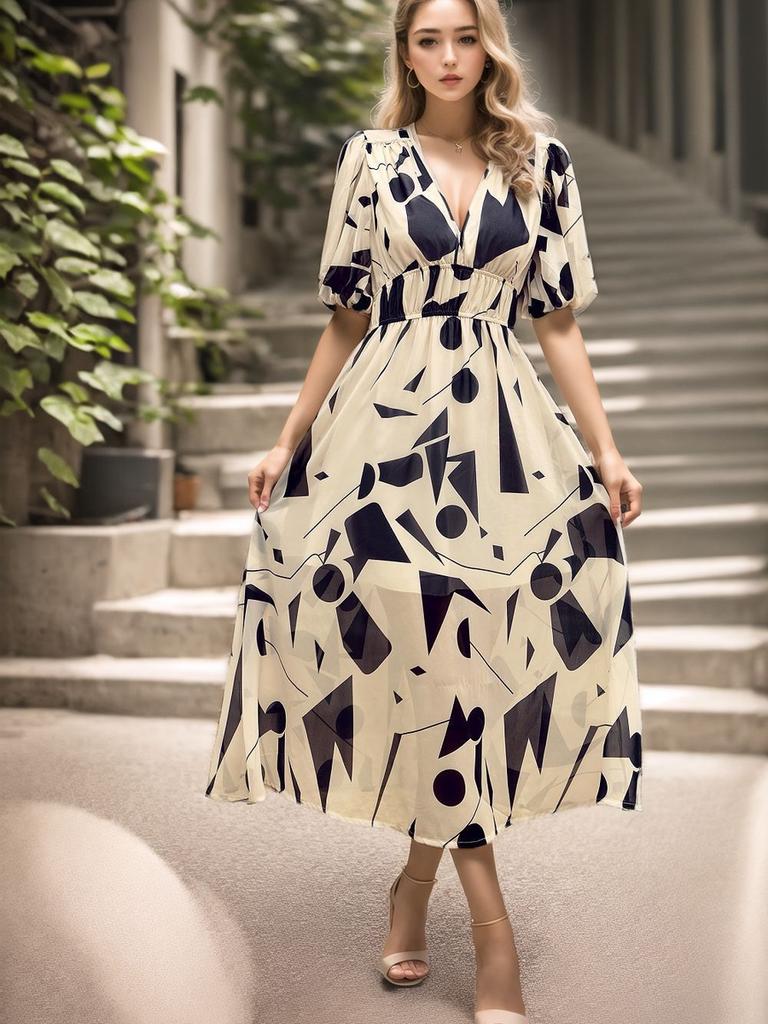 Sommer V-Ausschnitt Bedrucktes Taillen Empire-Kleid