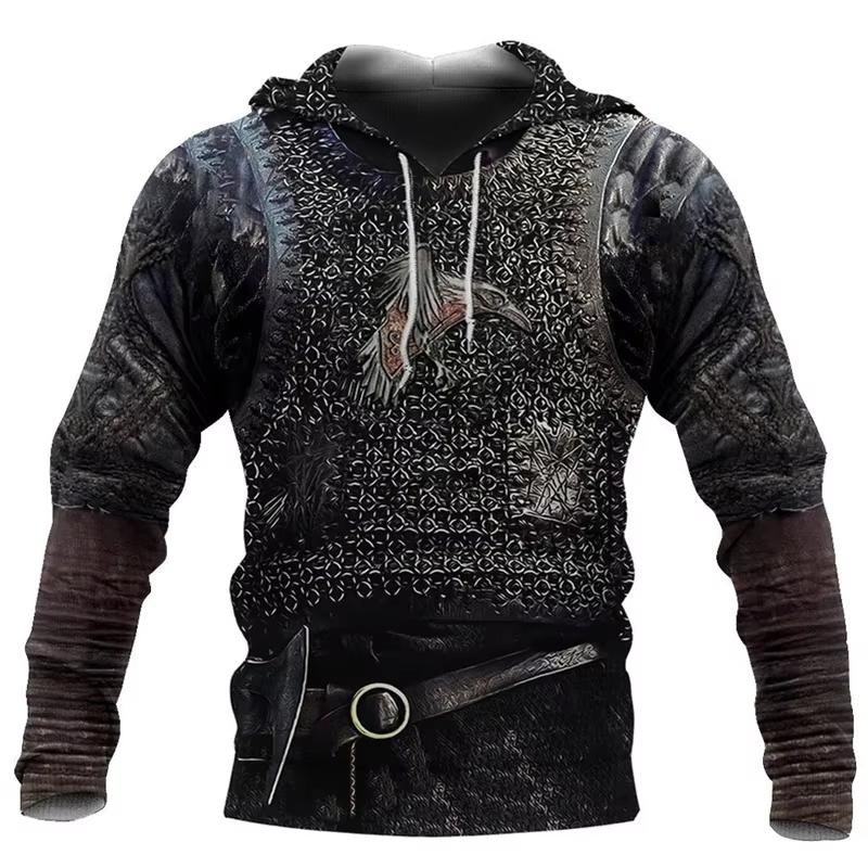 3D-gedruckter mittelalterlicher Rüstungs-Hoodie für Herren, modischer übergroßer Vintage-Pullover-Hoodie, Herren-Cosplay-Rüstungs-Sweatshirt-Trainingsanzug