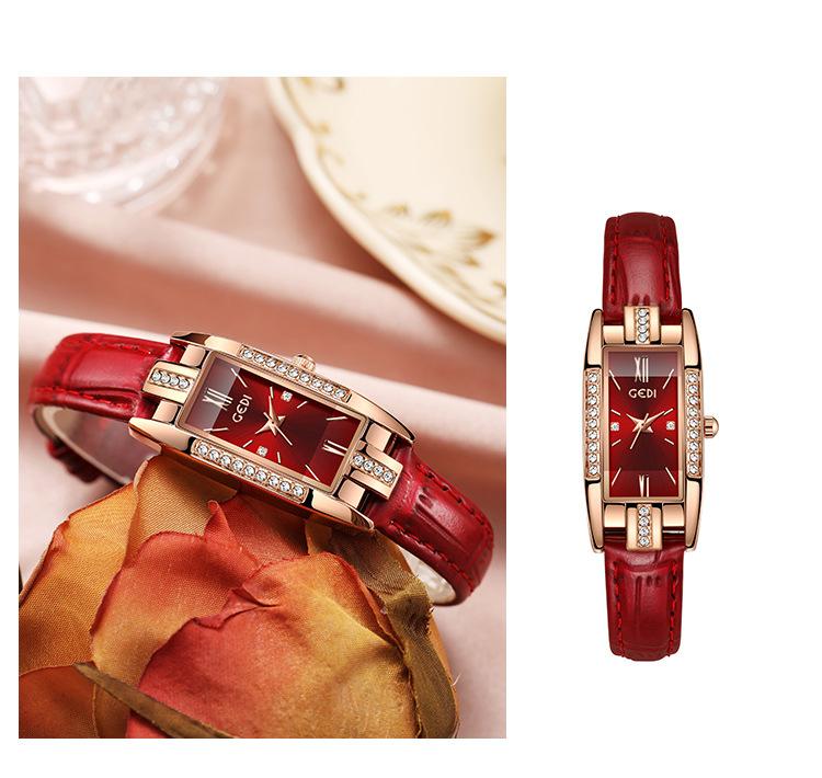 Light Luxury brand Starry Sky Ladies Watch red Leather fashionable and Versatile Square Waterproof Women's Quartz Wristwatches