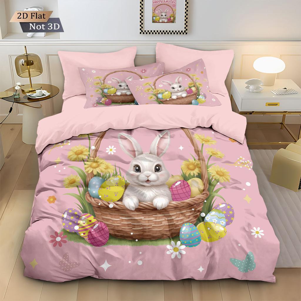 3-Pcs Easter Bunny Print Duvet Cover Set, Multi Size Bedding Decoration, Soft And Machine Washable