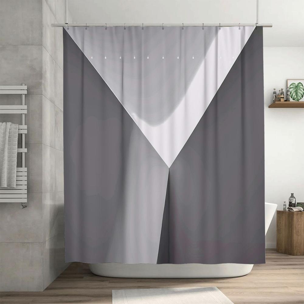 Modern Bath Shower Curtain with Metal Eyelets Grey White Color Block Design for Bathroom Decoration