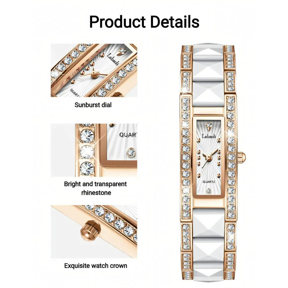 Women's Rectangular Quartz Watch Fashion Crystal Inlay Ceramic & Alloy Band Waterproof Elegant Dress Wristwatch for Ladies