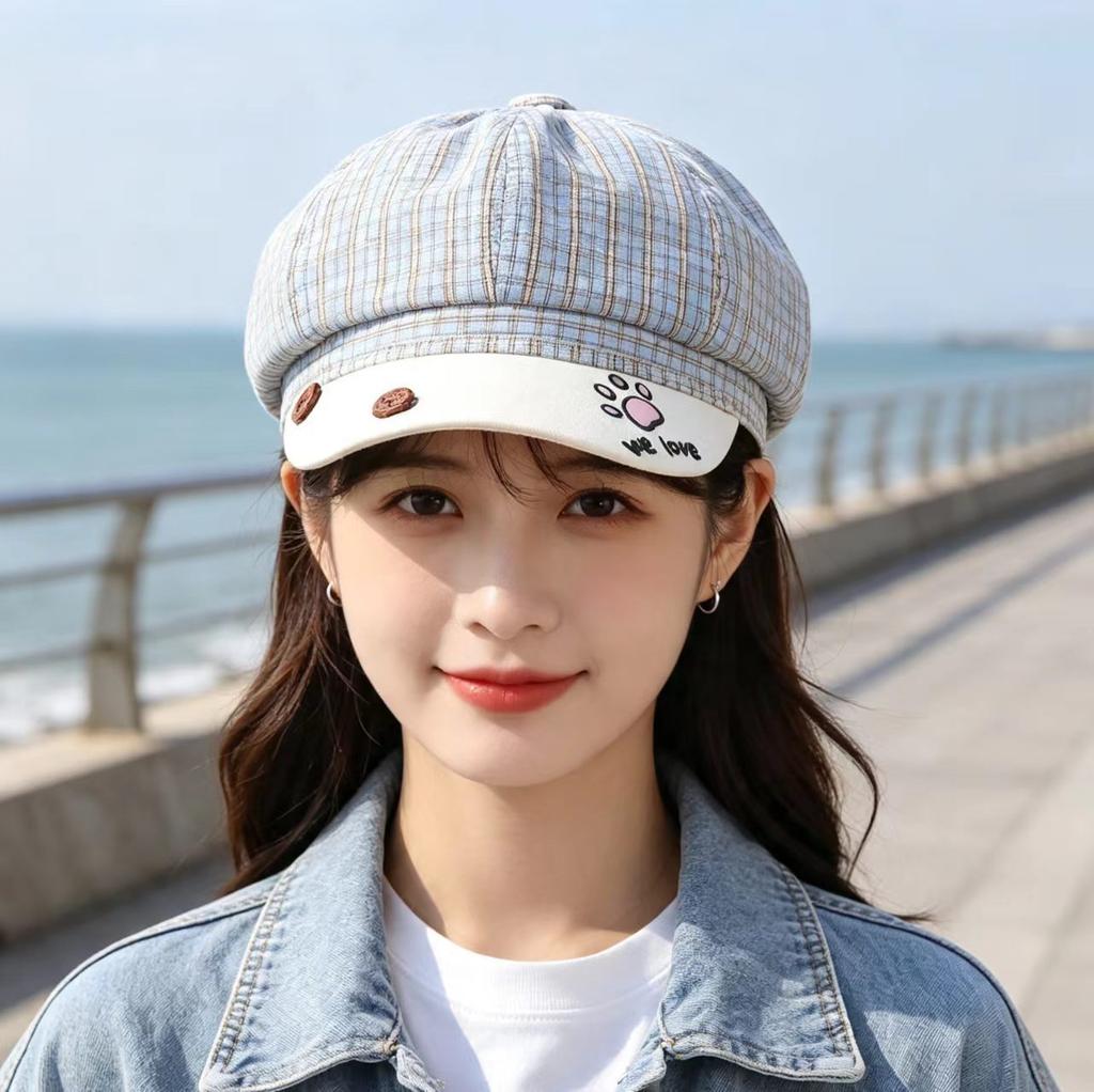 New Plaid Star Anise Hat Female College Student Literary Retro Beret Versatile Face Small Puppy Feet