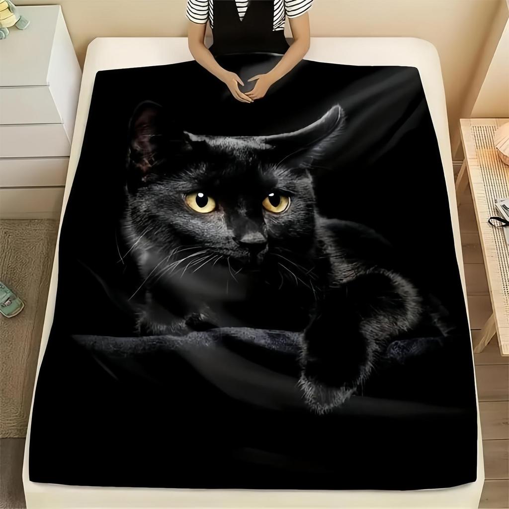 Black Cat Throw Blanket Modern Black Decorative Big Eyes Black Cat Fleece Blanket Soft Warm Cozy for Kids Adult