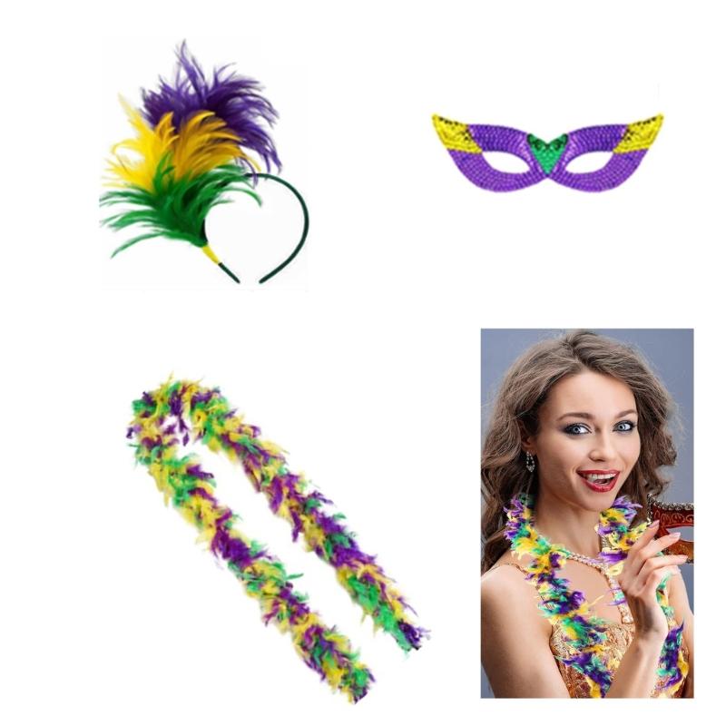 3Pcs Mardi Gras Costume Tricolor Eyemask Neckerchief Feathers Headband for Event and Party Favors Carnival Party Supply