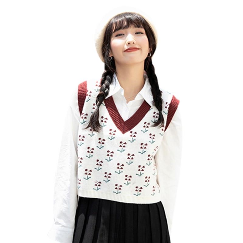 

Винтажный женский свитер-жилет с осенним цветком и V-образным вырезом без рукавов, трикотажный свободный женский свитер-жилет большого размера One Size