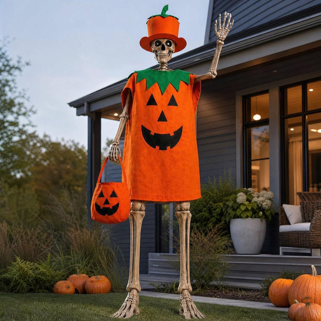 Skelett Kostüm Set mit Halloween Kürbis Zylinder für Außenhof Dekoration und Große Skelett Accessoires