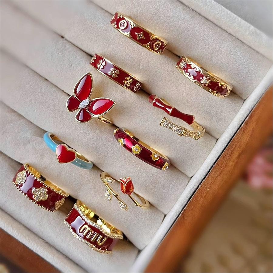 New Year's Ankara Red Drop Glaze Rose Flower Ring Delicate Light Luxury Clover Open Ring