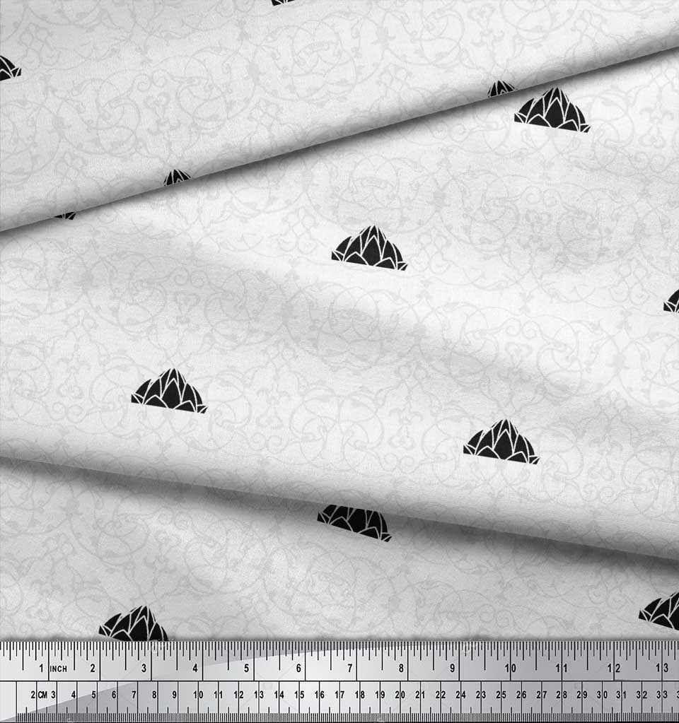Soimoi Black Japan Crepe Satin Fabric Damask & Lotus Temple Architectural Print Fabric by the Metre 42 Inch