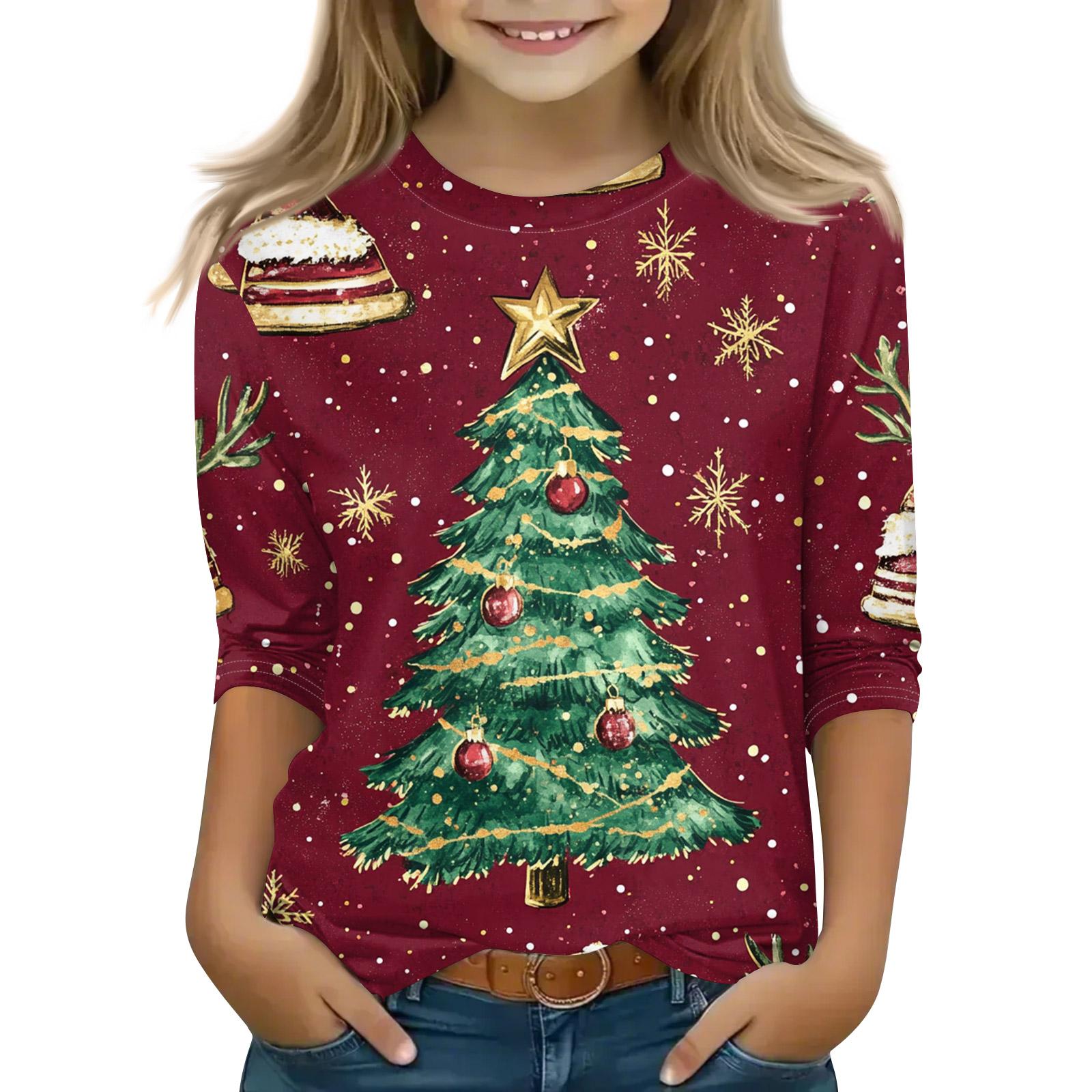 

Рождественские топы с принтом для девочек-подростков 5-16 лет, футболки с круглым вырезом и рукавами 3/4, модные топы, нарядные футболки 130 винный