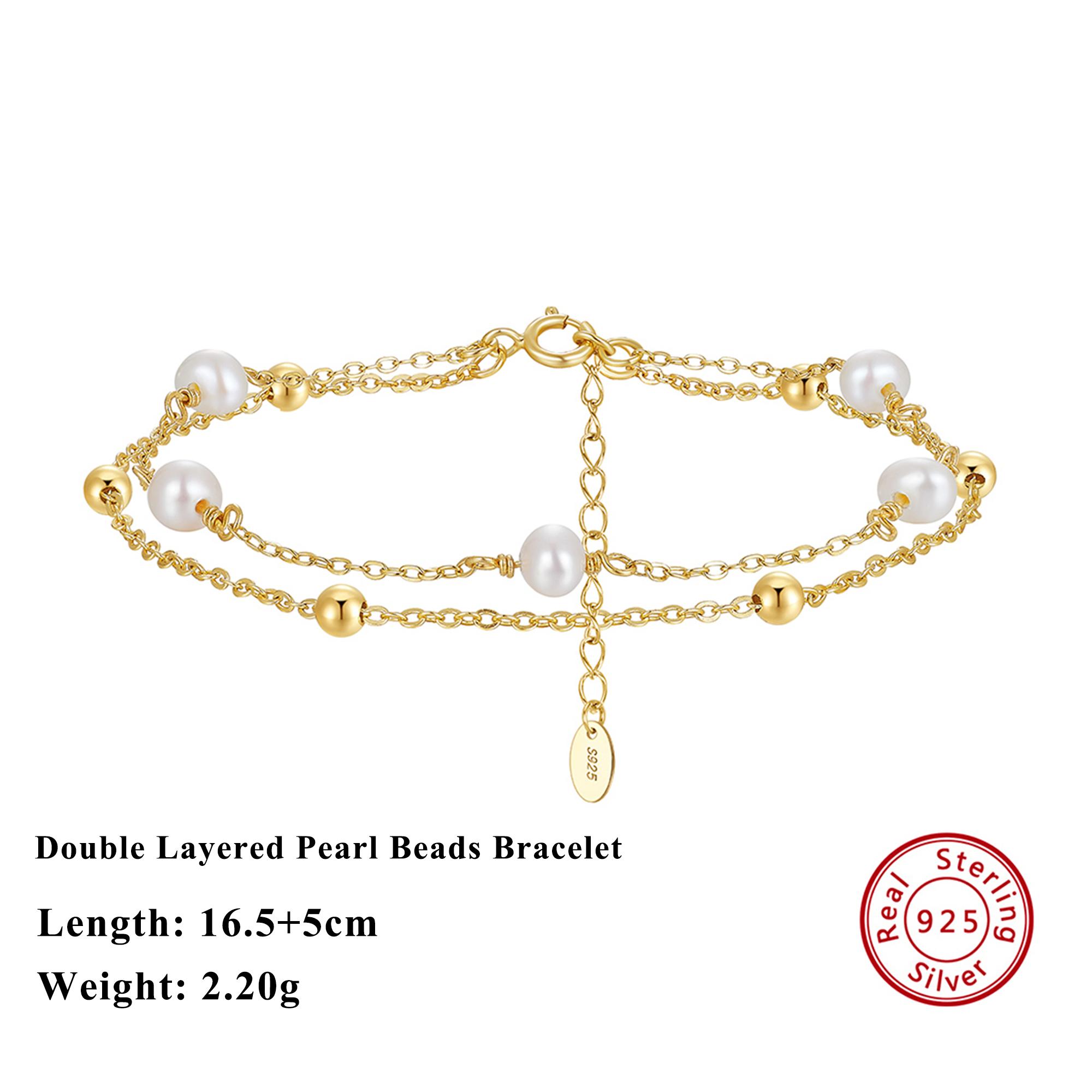 

EFFIE QUEEN Exquisite 925 Sterling Silver Double Layered Chain Bracelet for Women Natural Pearl Bracelet Summer Jewelry GPB32