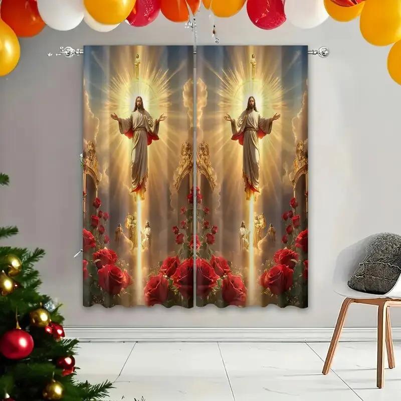 Christmas Religious Print Curtains Pole Bag Bedroom Living Room Decoration Home Curtain Polyester Ideal For Sitting