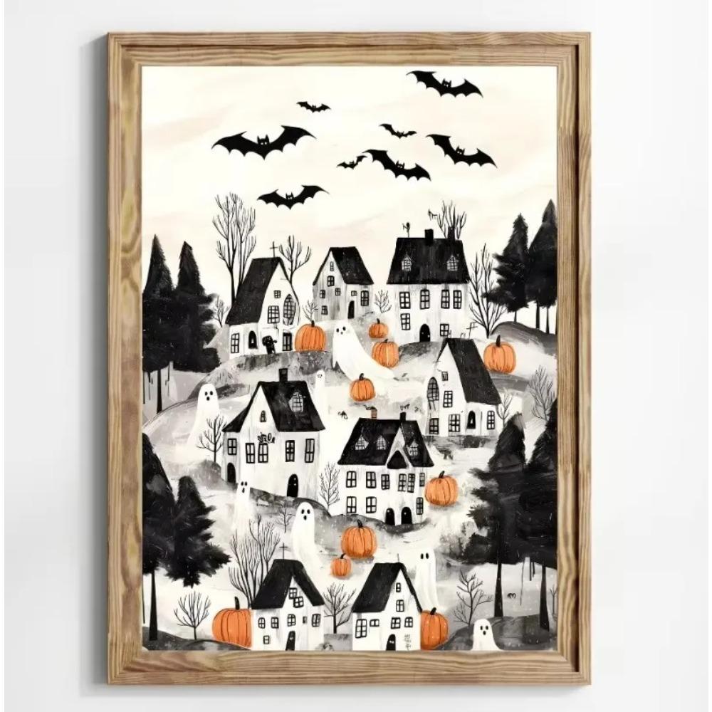 Stampa su Poster Foresta Gatto Nero Fantasma Fiori Selvatici Pittura su Tela Zucca Halloween Spettrale Arte Dark Academia Stanza Arredamento Casa