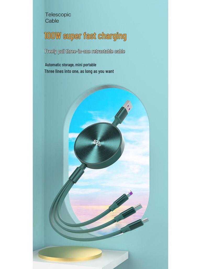 3-in-1 100W Fast Charging Cable, Compatible with Apple and Huawei, 6A Single Pull Design