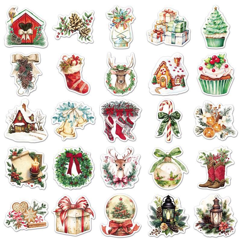 50 Retro Watercolor Christmas Stickers Holiday Decorations Hand Curtain Water Cup