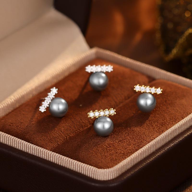 S925 Sterling Silver Inlaid CZ Gray Pearl Earrings for Women 2025 New Style Simple Unique Temperament Ear Accessories