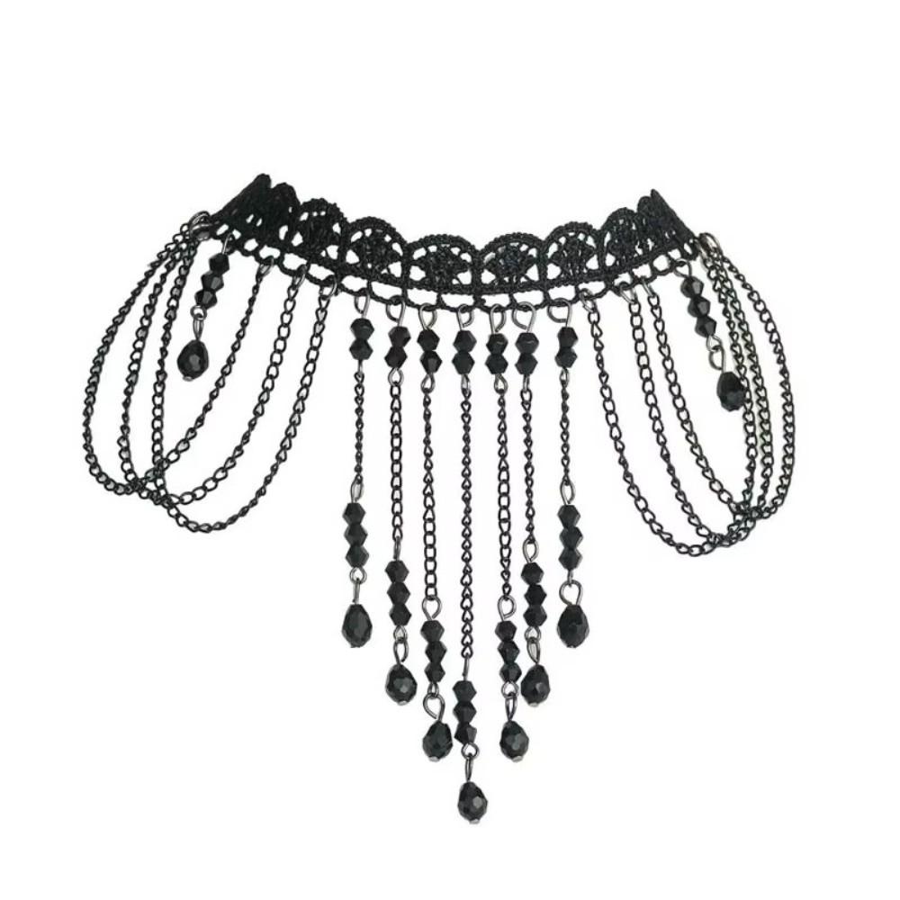 Tassel Drop Pendant Necklace Black Lace Beaded Necklace Elegant Choker Necklace Women