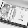 Montre à quartz pour femme de luxe avec diamants, bracelet simple en acier inoxydable, ensemble montre, bague, collier et boucles d'oreilles en strass. (pas de boîte)