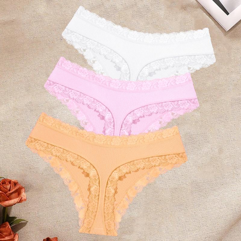 FINETOO 3Pcs/Set Women's Cotton Lace Thongs Underwear Seamless Low Waist Ribbed Breathable Panties Female Soft Comfortable Sexy Lingerie