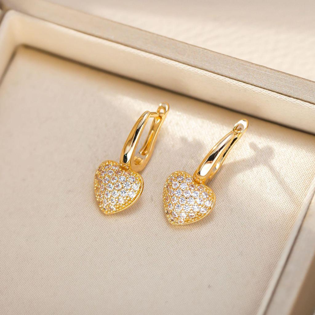 Gold-Plated Inlaid Heart Earrings: Elegant French Retro Studs for Women