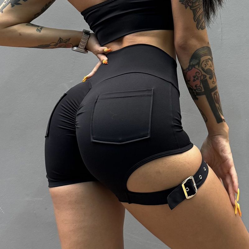 Fashion Cool Hip Slimming Fitness Shorts Adjustable Buckle Sexy Sports Peach Hip Yoga Pants Pocket Training Tights